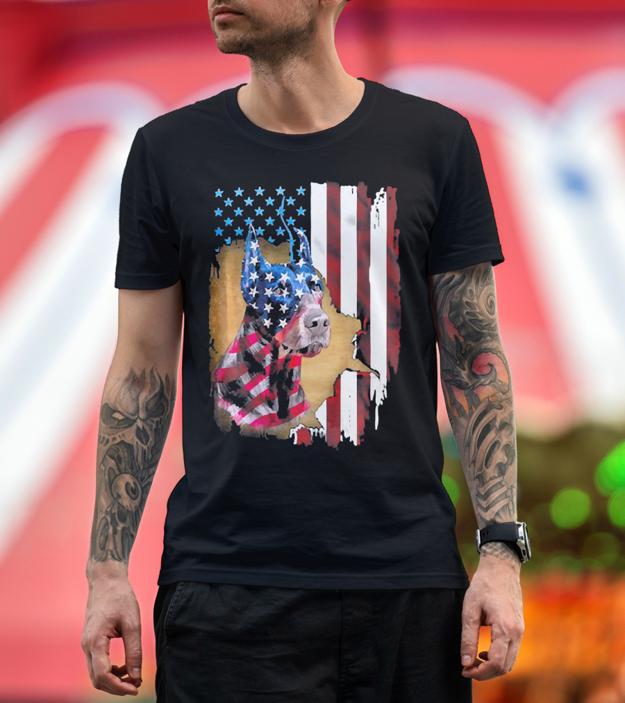 Doberman Pinscher Blended with American Flag Stars and Stripes US T-Shirt