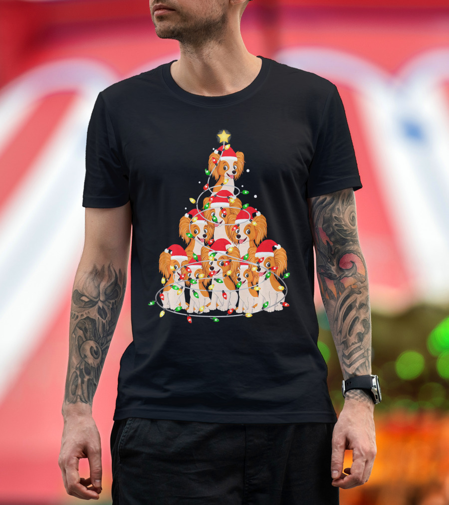 Papillon Dogs in Santa Hats Forming Christmas Tree with Lights T-Shirt