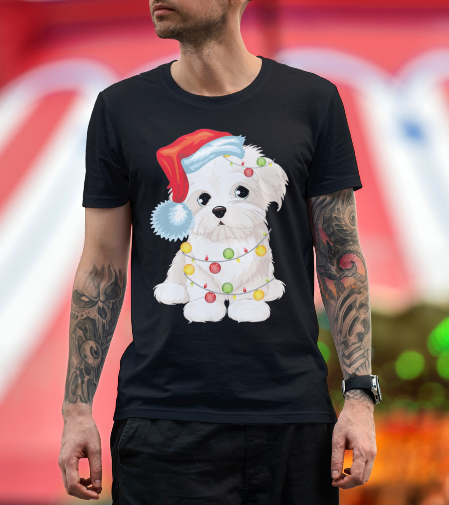 Maltese Dog Wrapped in Christmas Lights Wearing Santa Hat T-Shirt