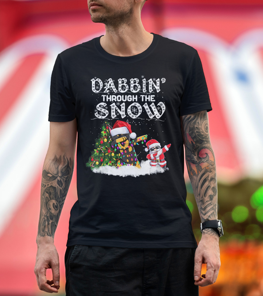 Dabbin Through The Snow Christmas Doberman Pinscher and Santa Claus T-Shirt