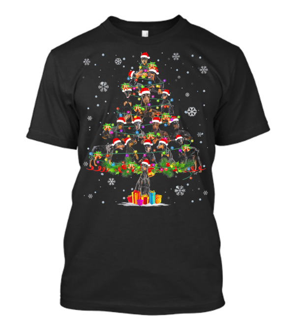 Doberman Pinscher Christmas Tree Light With Santa Hats And Snowflakes T-Shirt