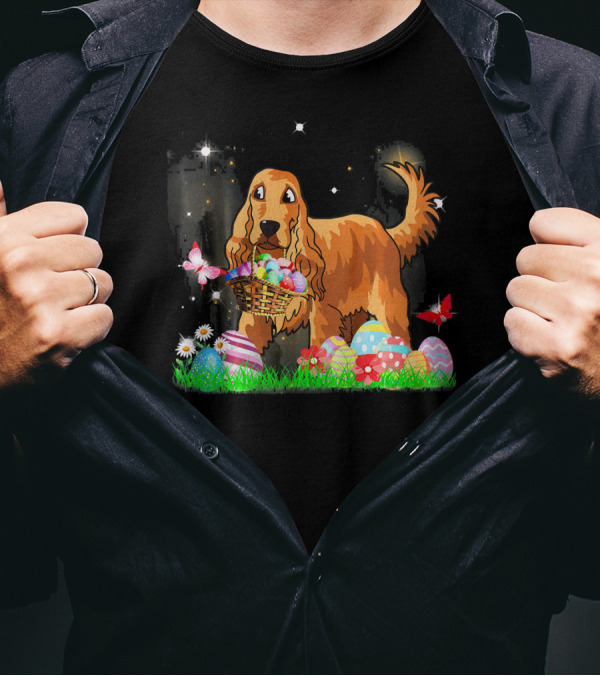 Easter Cocker Spaniel With Basket Of Eggs And Butterflies T-Shirt