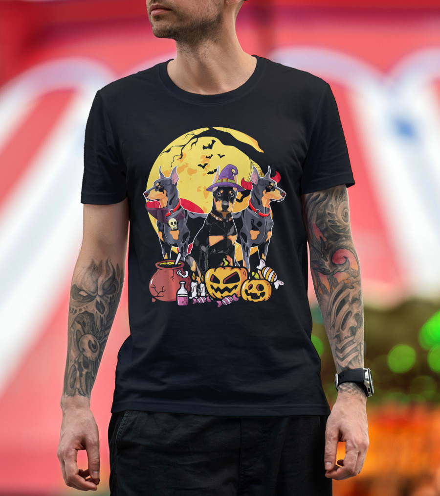 Doberman Dog Lover Witch Ghosts Halloween Moon Pumpkin Cauldron Candy Bats T-Shirt
