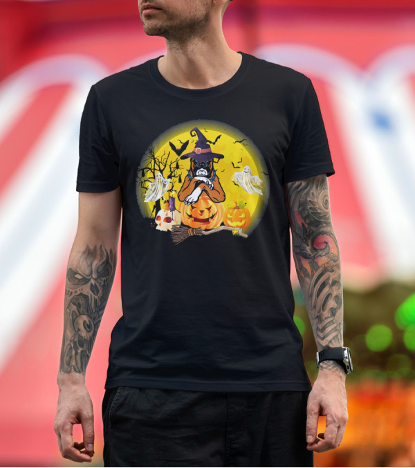 Premium T-Shirt: Halloween Witch Boxer Dog with Pumpkins and Ghosts T-Shirt Halloween Witch Boxer Dog with Pumpkins and Ghosts T-Shirt