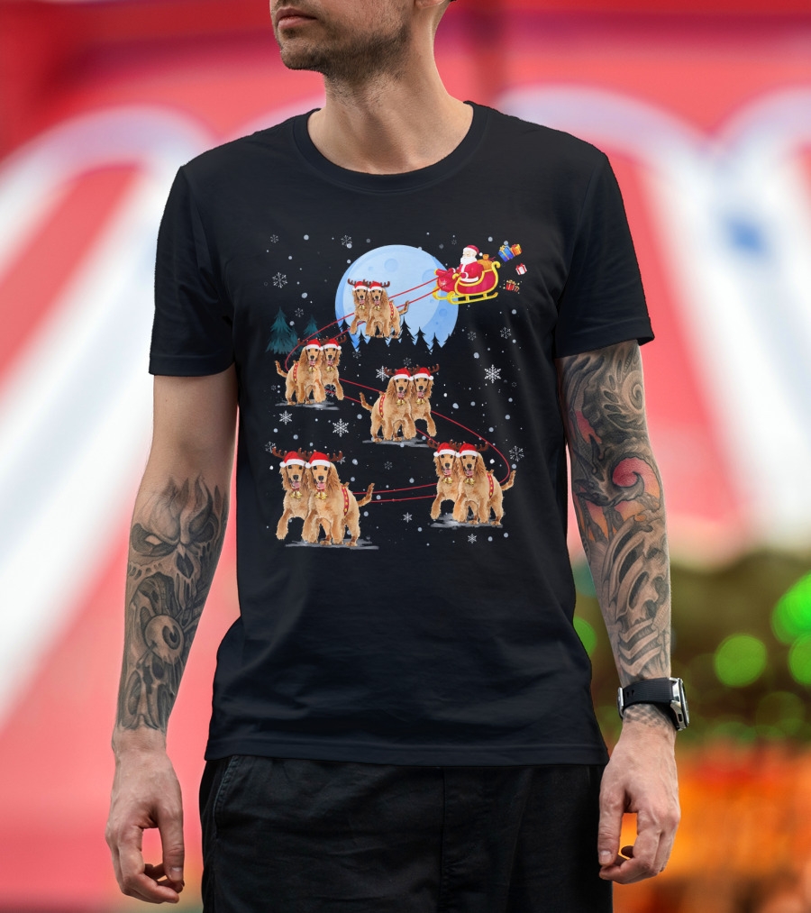 Cocker Spaniel Reindeer Santa Sleigh with Presents Under Full Moon T-Shirt