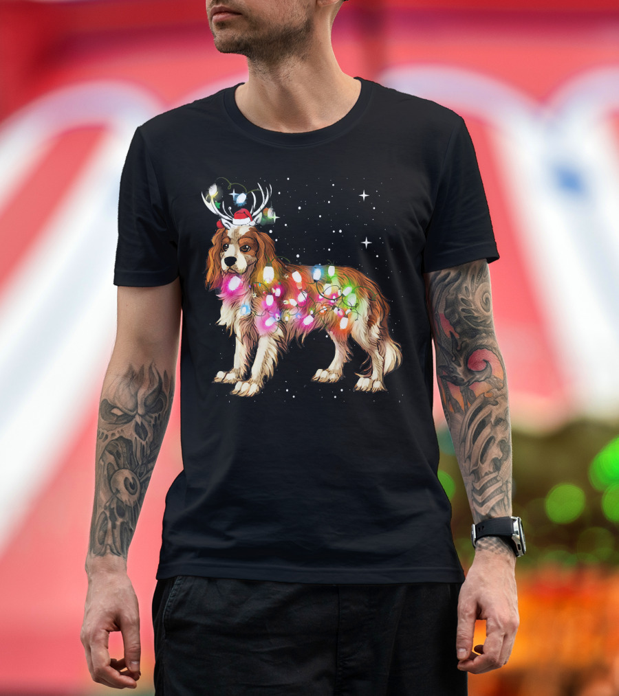 Christmas Lights Cavalier King Charles Reindeer Antlers Santa Hat T-Shirt