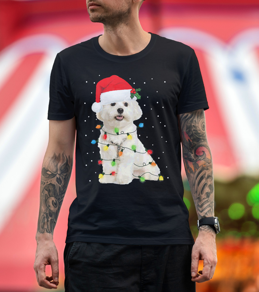 Funny Maltese Christmas Lights Santa Hat Snowy Holiday T-Shirt
