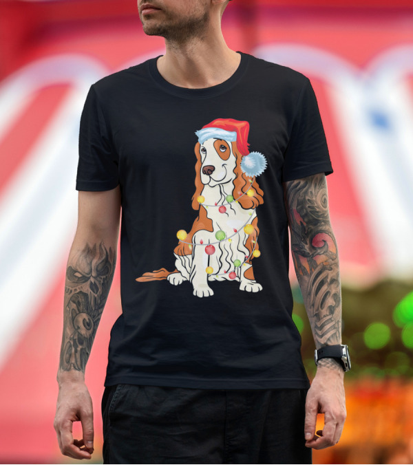 Premium T-Shirt: Cocker Spaniel Wearing Santa Hat with Christmas Lights T-Shirt Cocker Spaniel Wearing Santa Hat with Christmas Lights T-Shirt