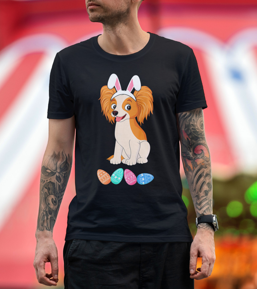 Funny Easter Papillon Dog with Bunny Ears and Colorful Eggs T-Shirt