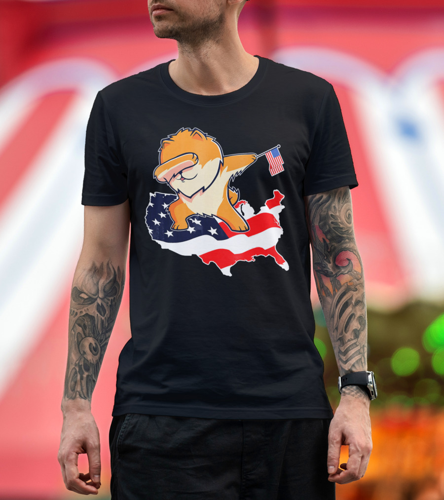 Dabbing Pomeranian with American Flag on USA Map T-Shirt