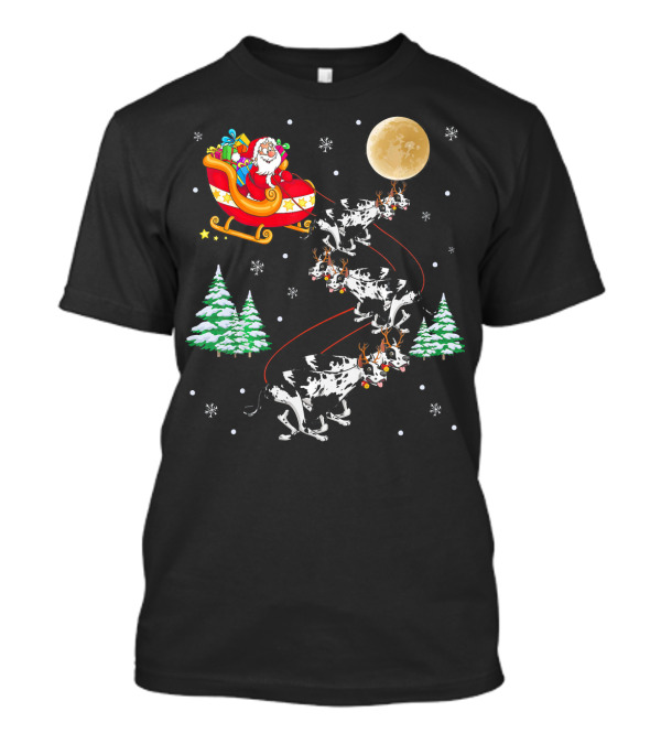 Great Dane Santa Sleigh Reindeer Christmas Moon Snowflakes T-Shirt