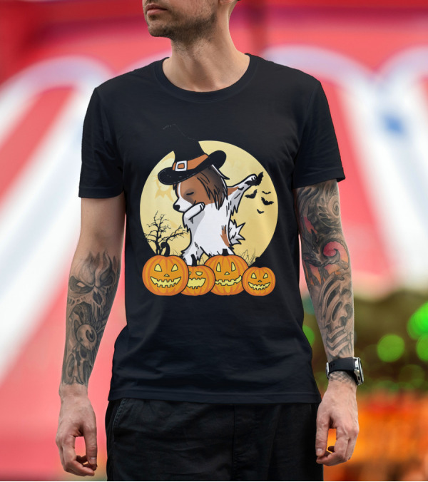 Premium T-Shirt: Dabbing Papillon Halloween Dance with Witch Hat and Pumpkins T-Shirt Dabbing Papillon Halloween Dance with Witch Hat and Pumpkins T-Shirt