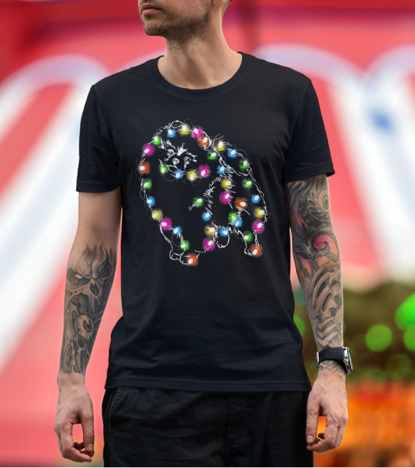 Premium T-Shirt: Pomeranian Dog Wrapped in Colorful LED Christmas Lights T-Shirt Pomeranian Dog Wrapped in Colorful LED Christmas Lights T-Shirt