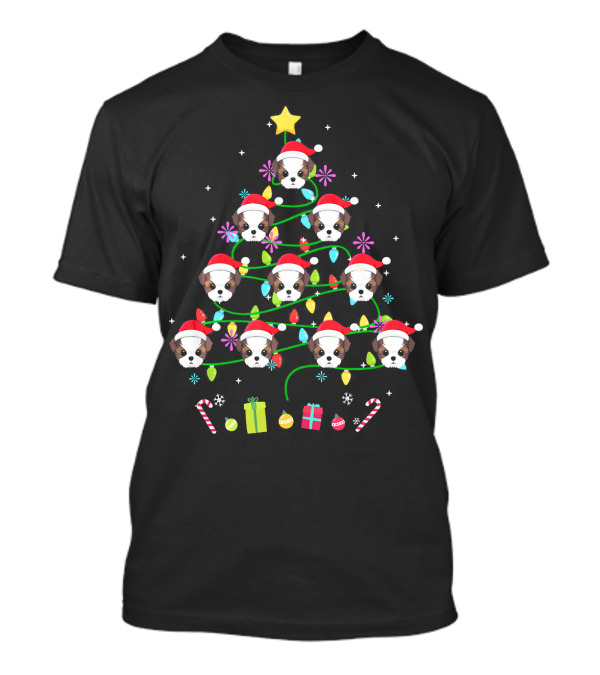 Shih Tzu Christmas Tree With Santa Hats And Colorful Lights T-Shirt