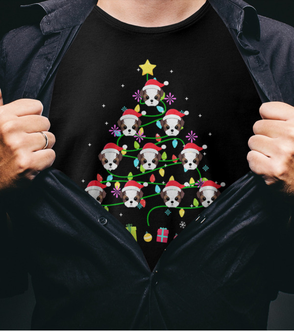 Shih Tzu Christmas Tree With Santa Hats And Colorful Lights T-Shirt
