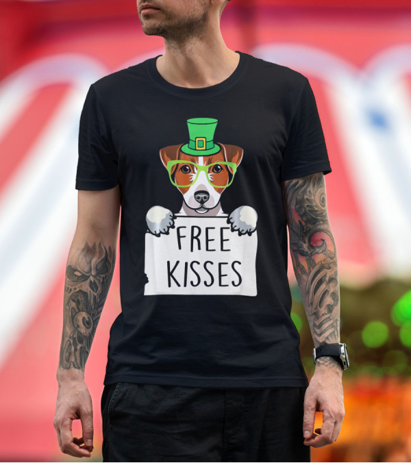 Premium T-Shirt: Free Kisses Jack Russell Dog St Patrick's Day Hat Glasses T-Shirt Free Kisses Jack Russell Dog St Patrick's Day Hat Glasses T-Shirt
