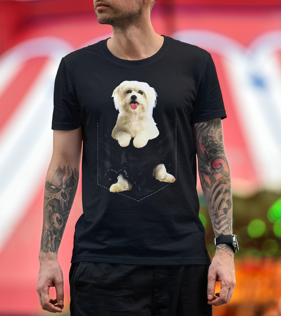Funny Maltese Pocket Mid Puppy Paws Sticking Out T-Shirt