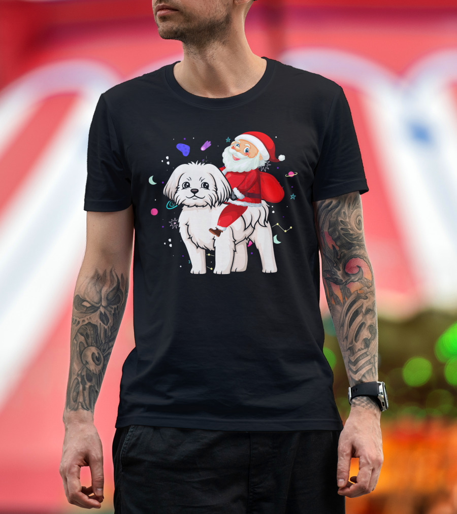 Funny Christmas Santa Riding Maltese with Holiday Space Elements T-Shirt