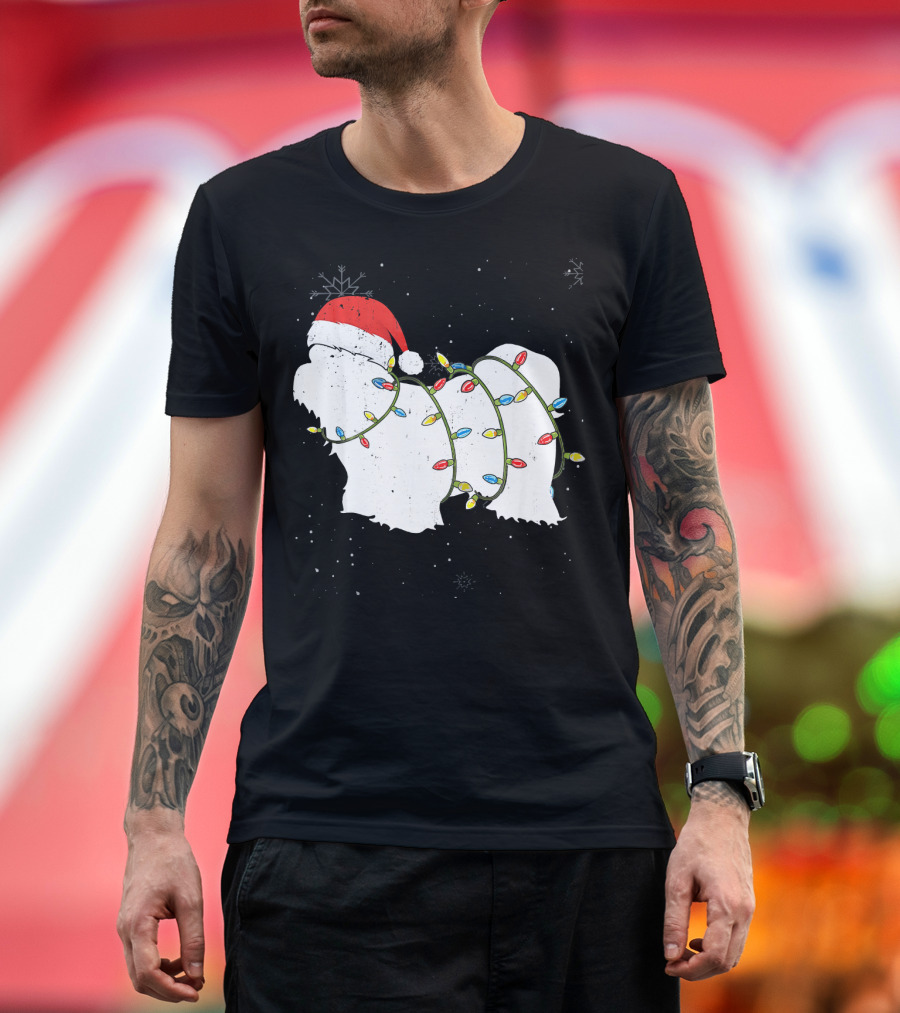 Funny Shih Tzu Christmas Santa Hat Wrapped in Holiday Lights T-Shirt