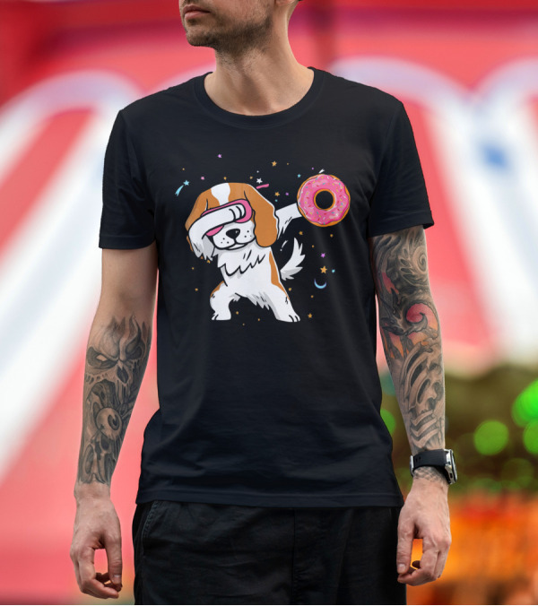 Premium T-Shirt: Dabbing Cavalier King Charles Spaniel with Pink Frosted Donut and Stars T-Shirt Dabbing Cavalier King Charles Spaniel with Pink Frosted Donut and Stars T-Shirt