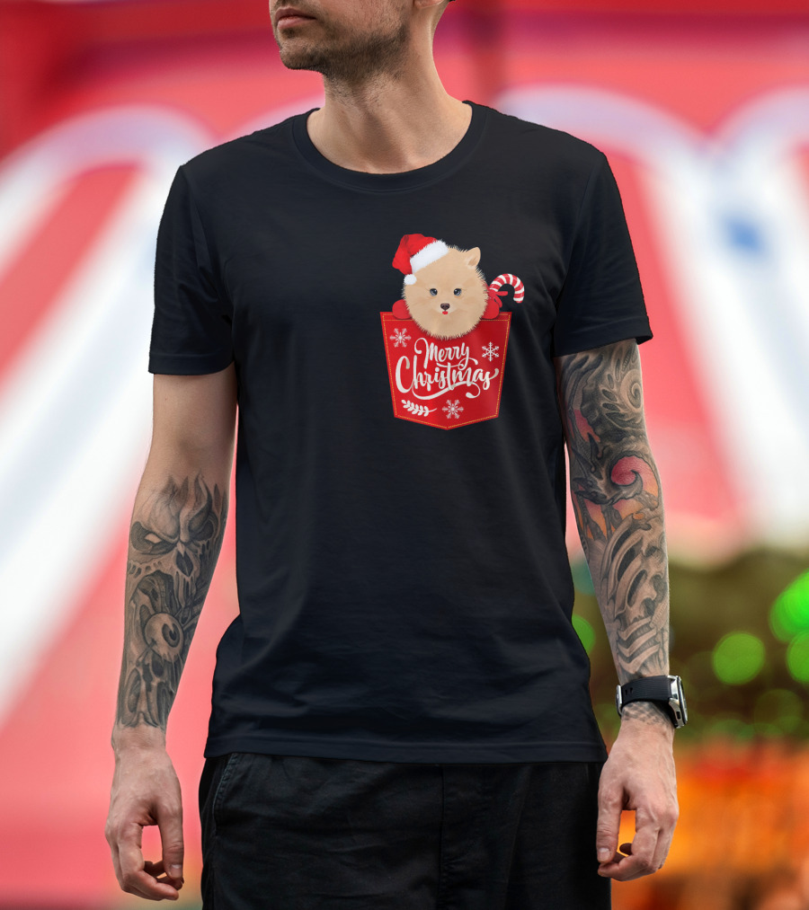 Merry Christmas Funny Pomeranian Dog in Santa Hat with Candy Cane Pocket T-Shirt