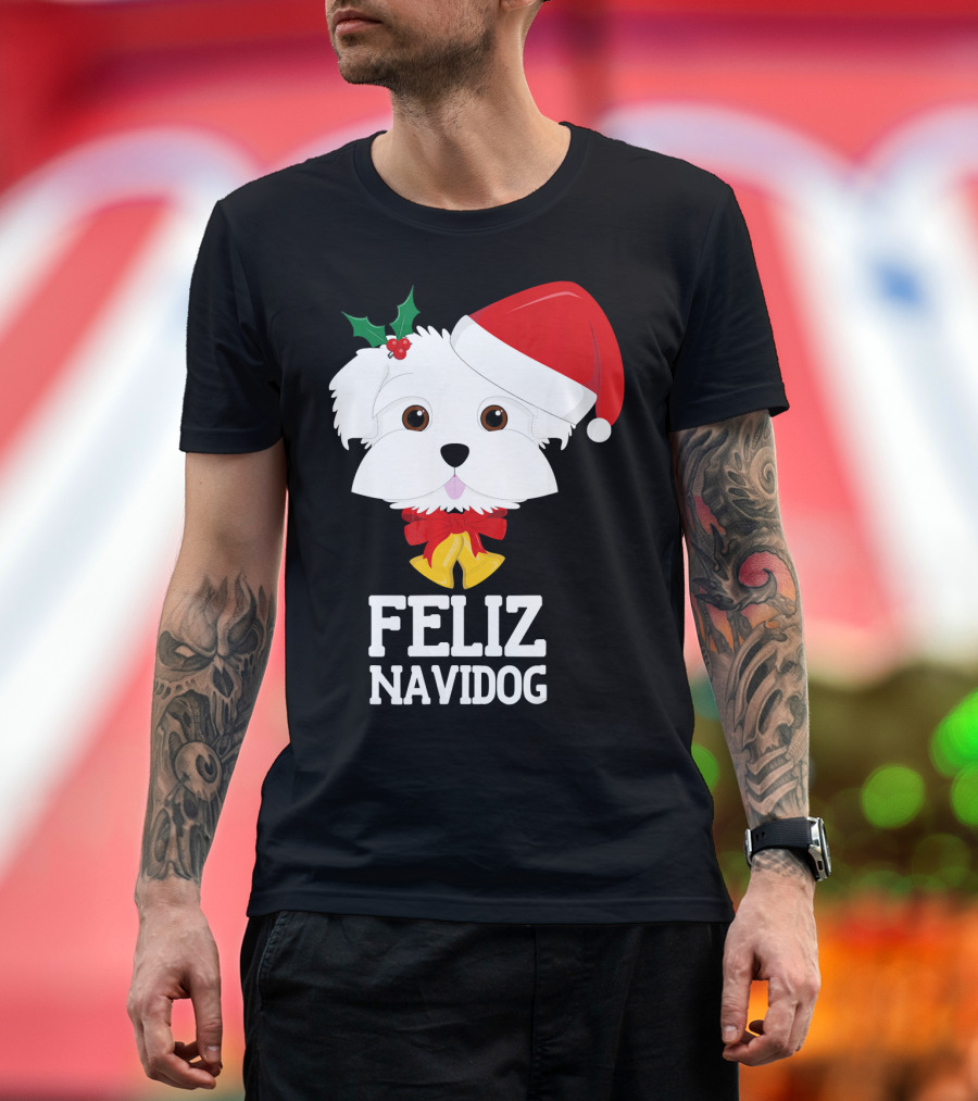 Feliz Navidog Merry Christmas Maltes Dog With Santa Hat and Holly T-Shirt