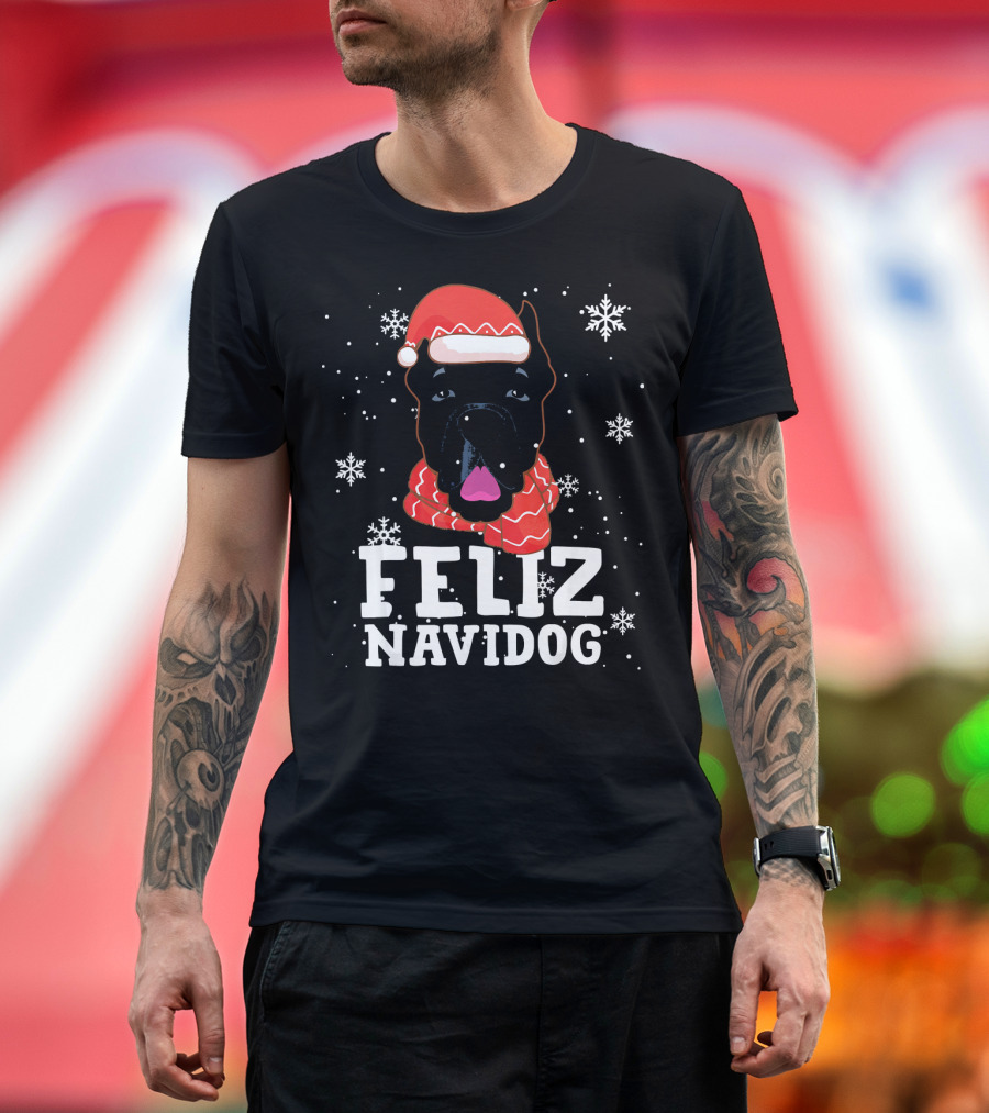 Feliz Navidog Great Dane Dog in Santa Hat and Scarf with Snowflakes T-Shirt
