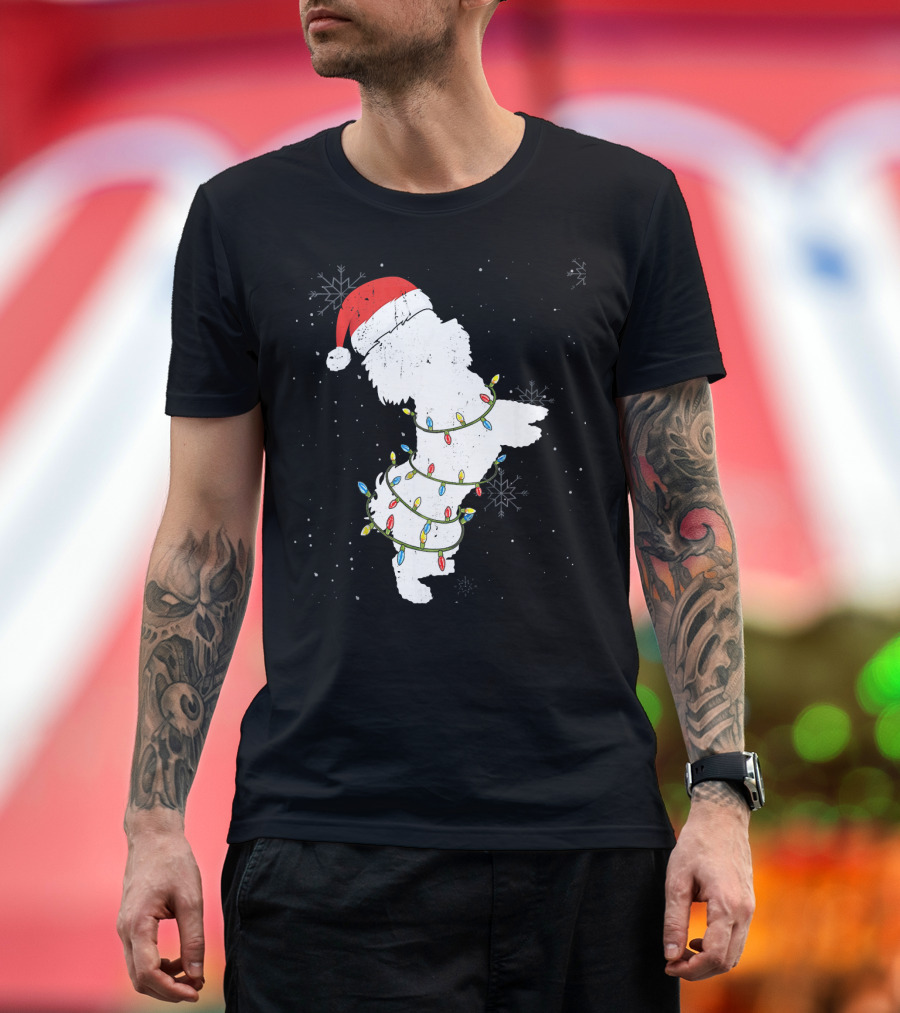 Maltese Dog in Santa Hat Wrapped in Christmas Lights Snowflakes T-Shirt