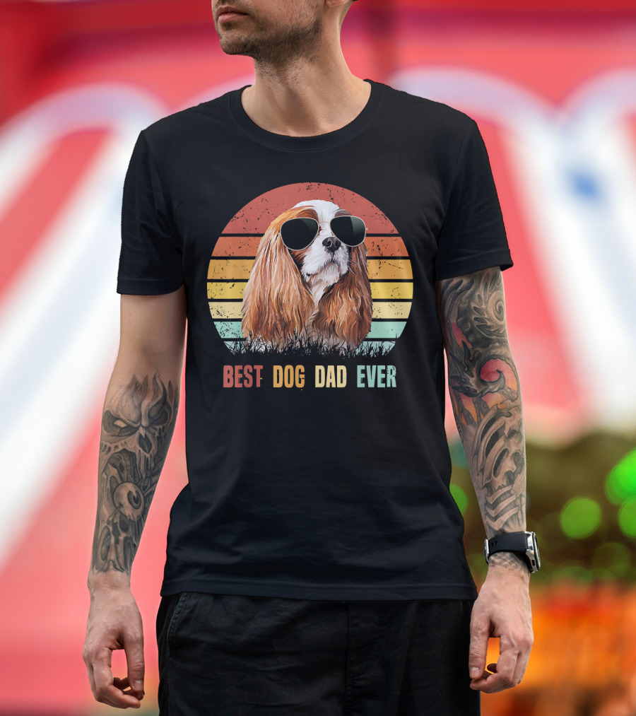 Best Dog Dad Ever Cavalier King Charles Spaniel Vintage Retro Sunglasses T-Shirt
