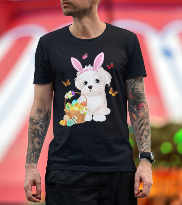 Premium T-Shirt: Maltese Puppy Bunny Ears Easter Eggs Basket Butterflies T-Shirt Maltese Puppy Bunny Ears Easter Eggs Basket Butterflies T-Shirt