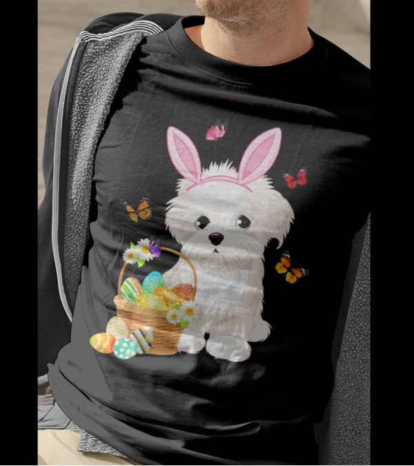 Maltese Puppy Bunny Ears Easter Eggs Basket Butterflies T-Shirt