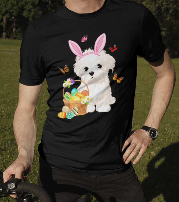 Maltese Puppy Bunny Ears Easter Eggs Basket Butterflies T-Shirt