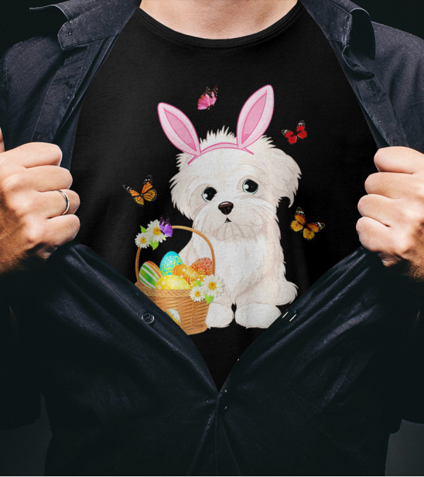 Maltese Puppy Bunny Ears Easter Eggs Basket Butterflies T-Shirt