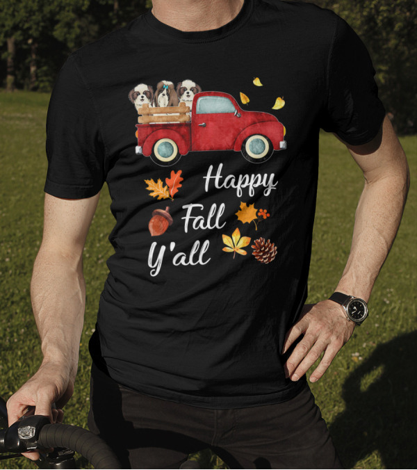 Happy Fall Y'all Red Truck With Shih Tzu Dogs And Autumn Leaves T-Shirt