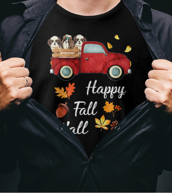 Happy Fall Y'all Red Truck With Shih Tzu Dogs And Autumn Leaves T-Shirt