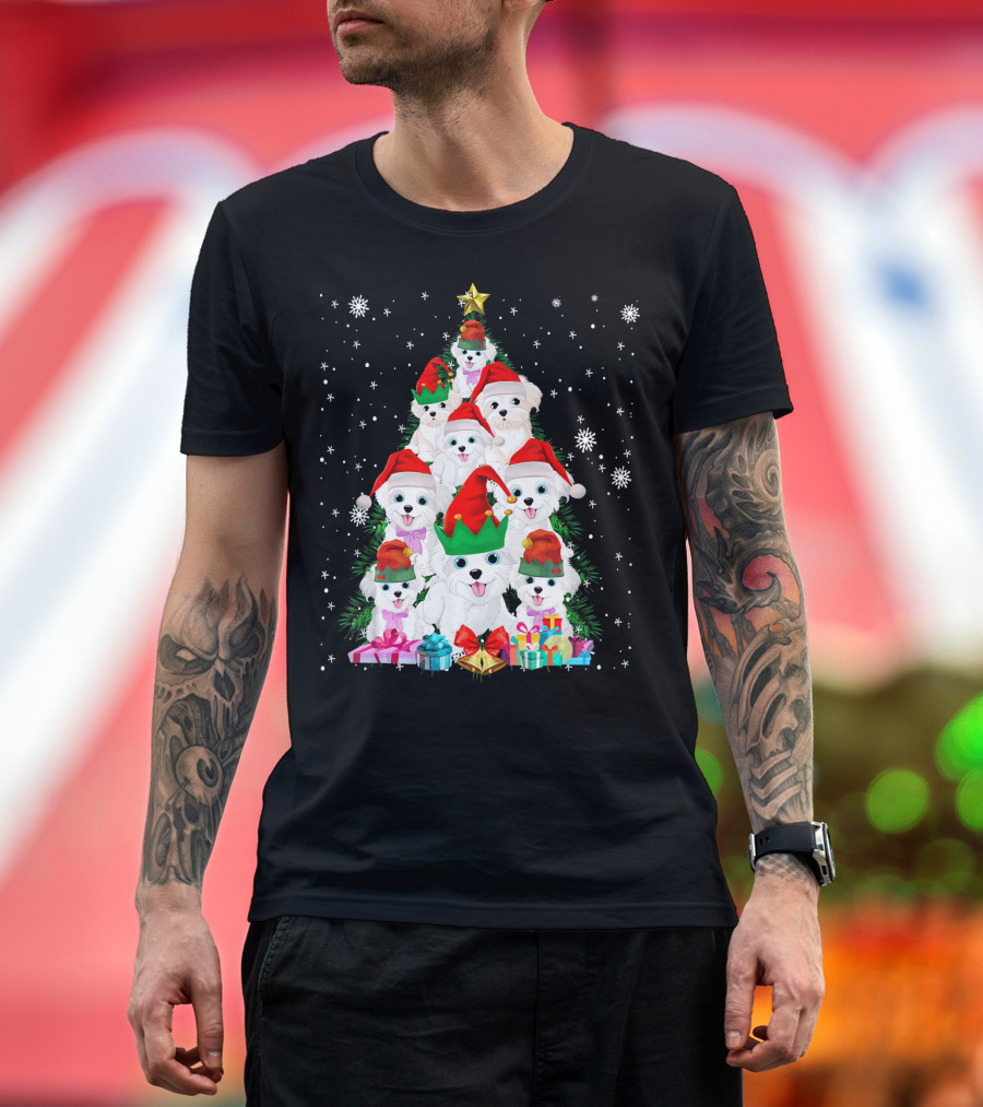 Maltese Dogs Christmas Tree with Santa Hats and Gifts T-Shirt