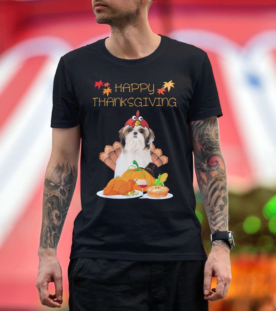 Happy Thanksgiving Shih Tzu with Turkey and Fall Harvest T-Shirt