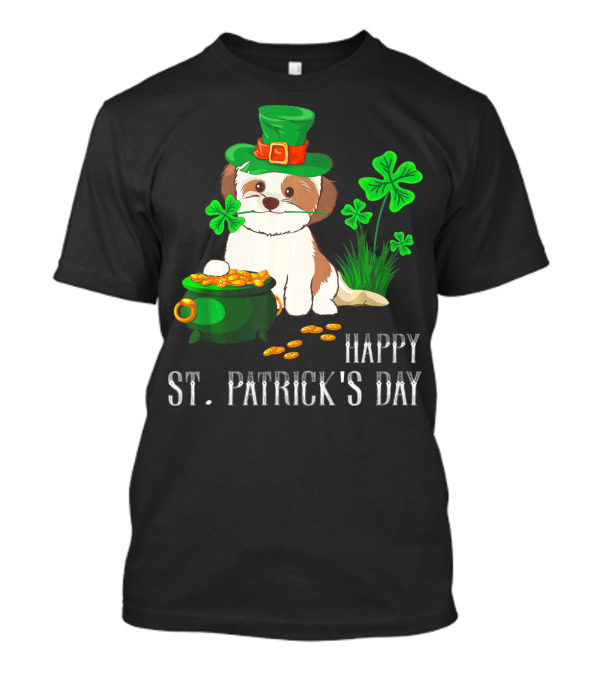 Happy St Patricks Day Shih Tzu With Leprechaun Hat And Pot Of Gold T-Shirt