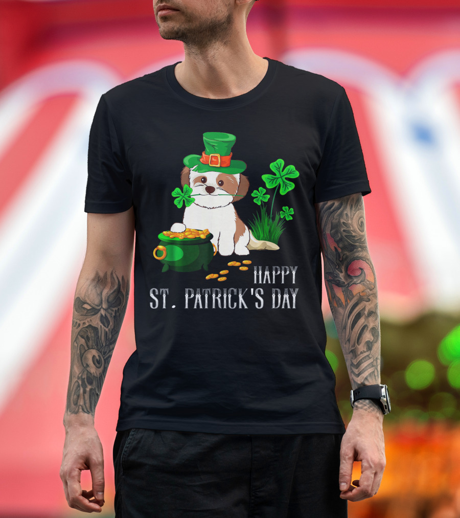 Happy St Patricks Day Shih Tzu with Leprechaun Hat and Pot of Gold T-Shirt