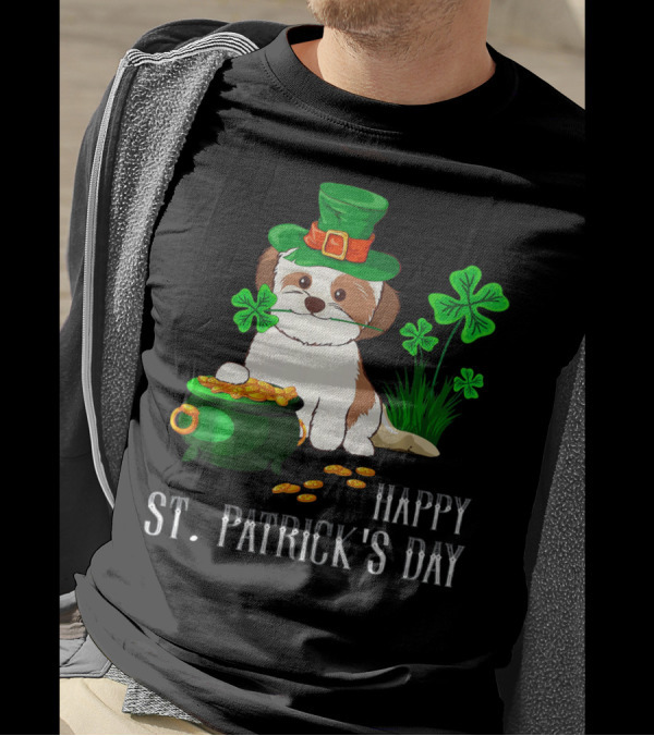 Happy St Patricks Day Shih Tzu With Leprechaun Hat And Pot Of Gold T-Shirt