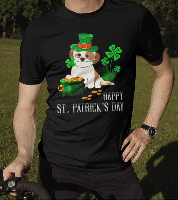 Happy St Patricks Day Shih Tzu With Leprechaun Hat And Pot Of Gold T-Shirt