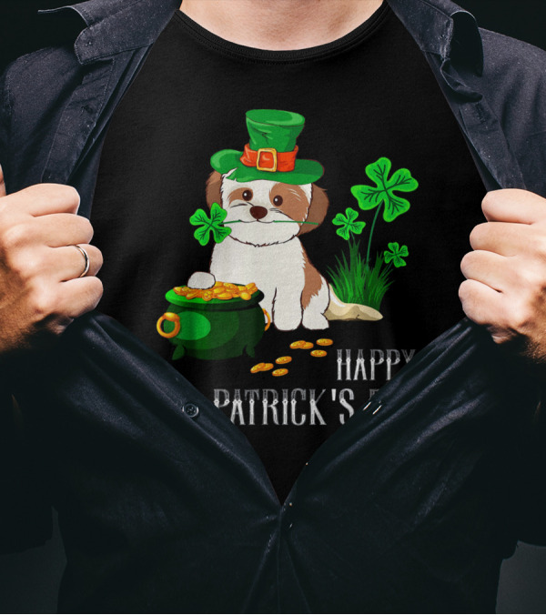 Happy St Patricks Day Shih Tzu With Leprechaun Hat And Pot Of Gold T-Shirt