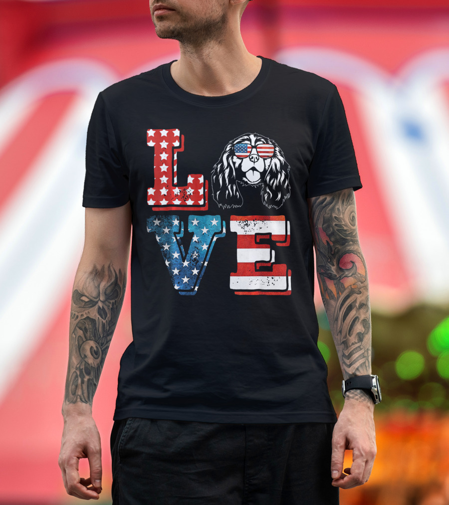 LOVE Cavalier King Charles Spaniel American Flag USA Stars Stripes Sunglasses T-Shirt