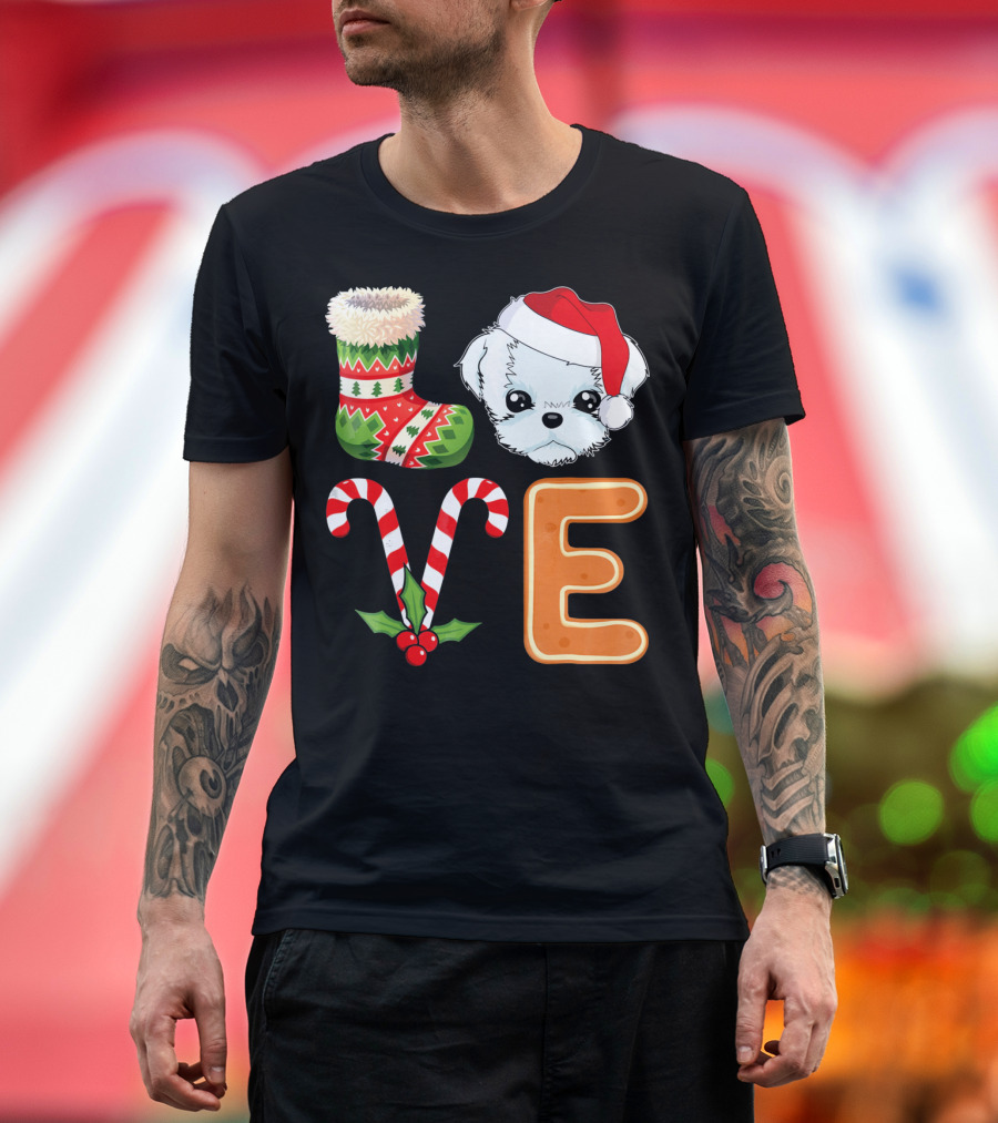 Maltese Lover Xmas Stocking Santa Candy Canes Gingerbread T-Shirt