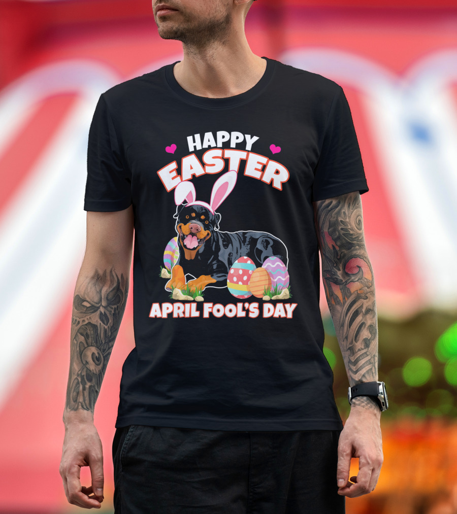 Happy Easter April Fool's Day Rottweiler Bunny Ears and Eggs T-Shirt