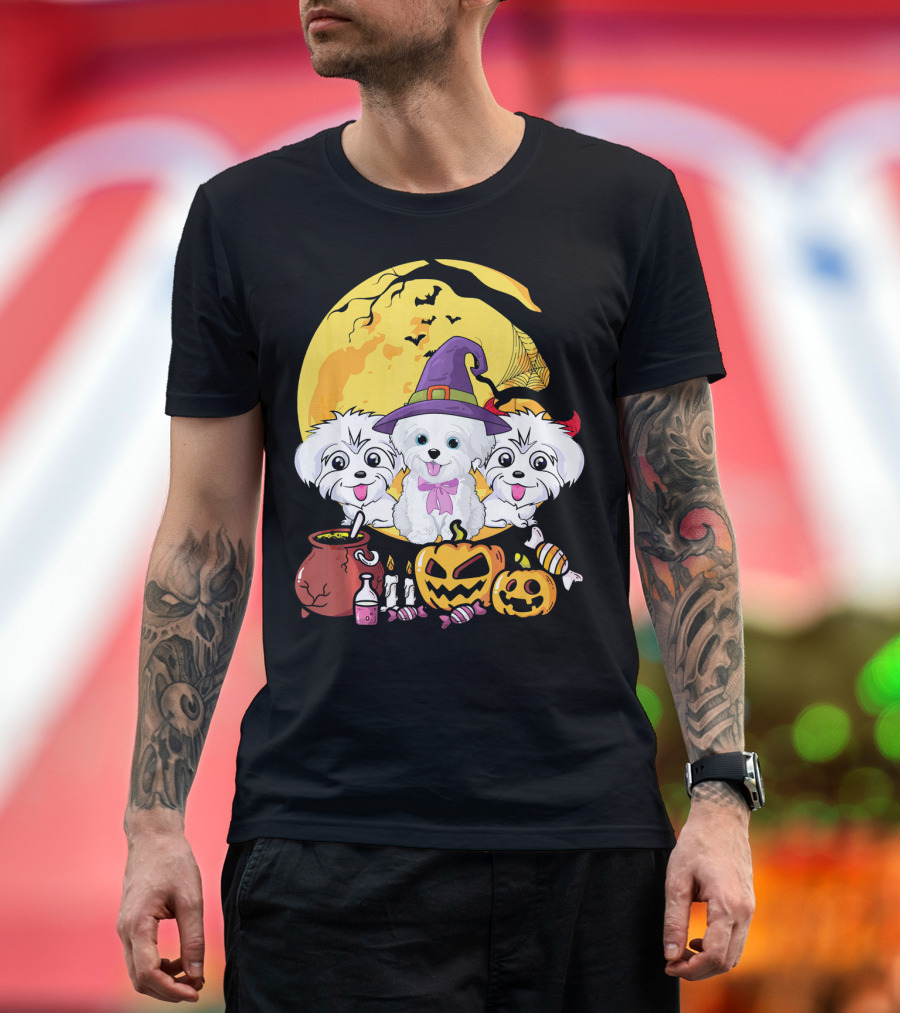 Maltese Dog Witch Halloween Ghost Moon Pumpkins T-Shirt