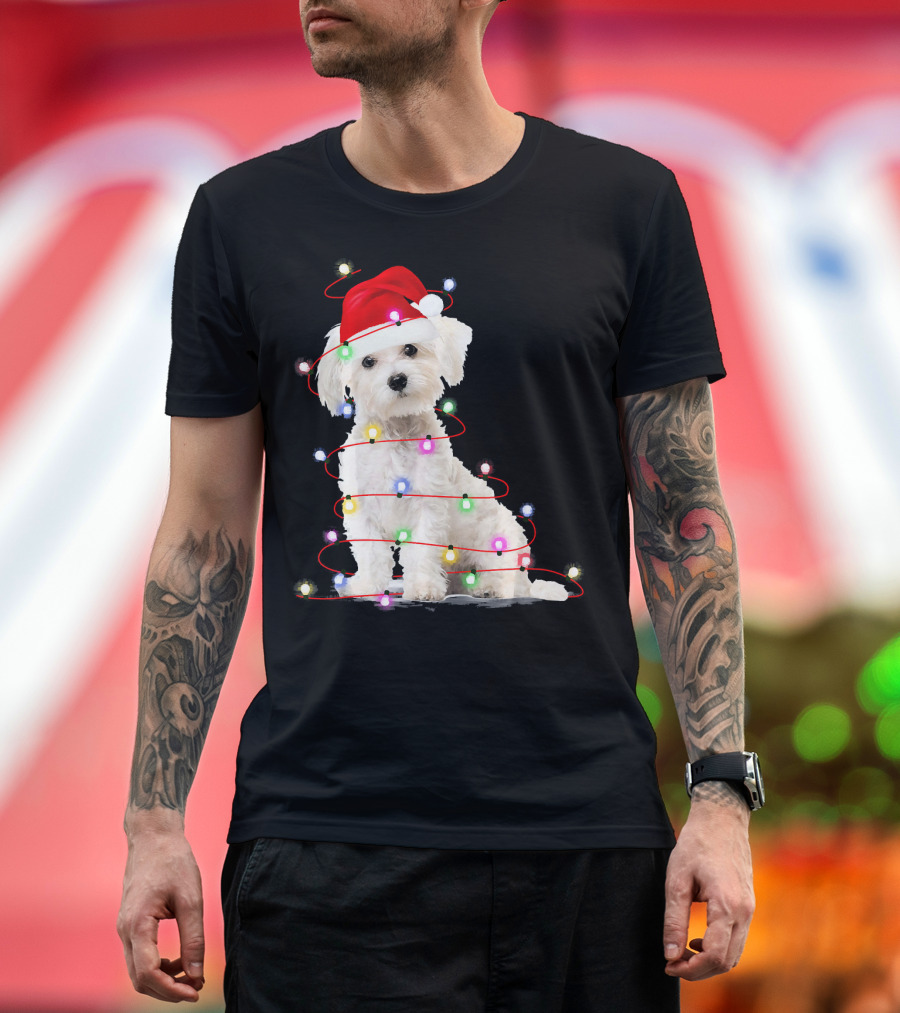 Maltese Christmas Santa Hat Wrapped in Festive Lights T-Shirt
