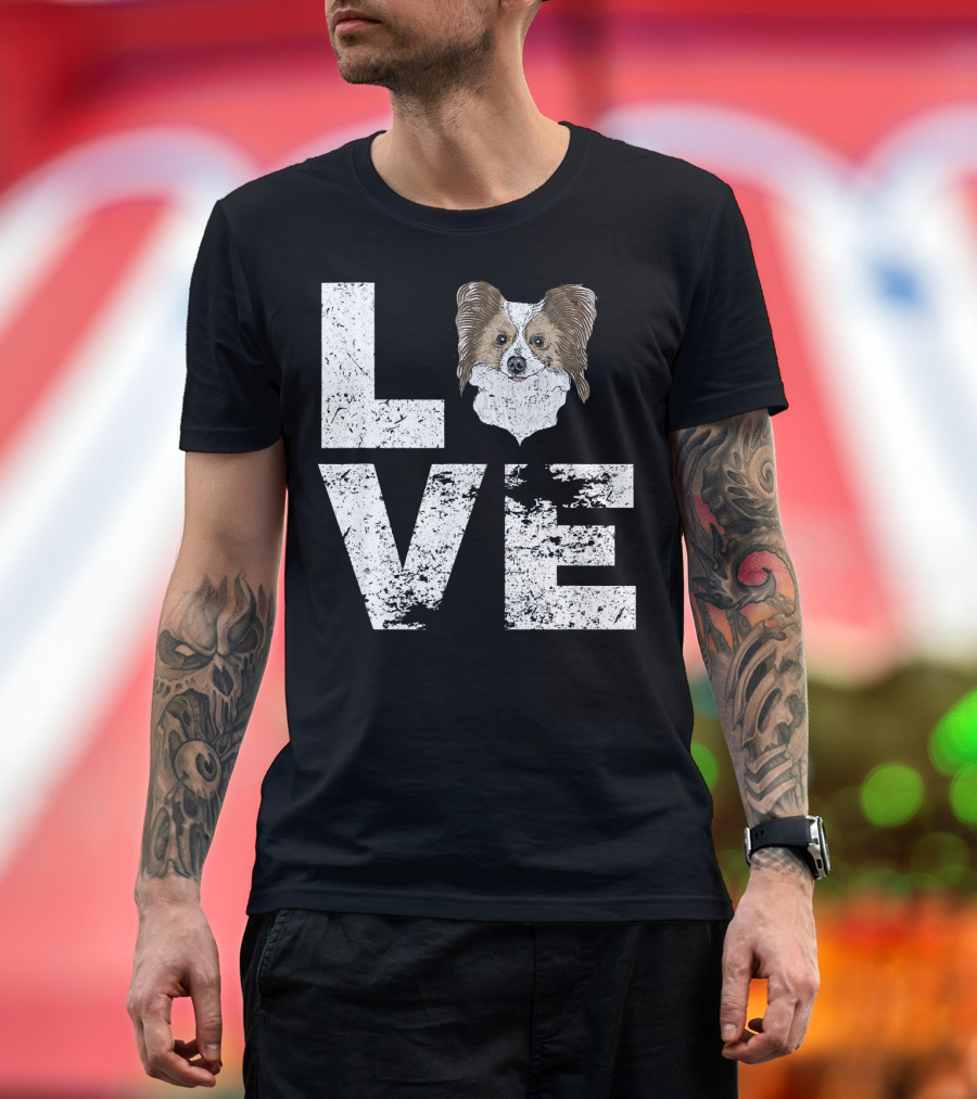 LOVE Papillon Dog Head Typography T-Shirt