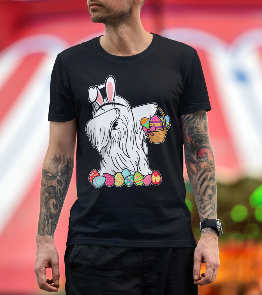 Maltese Dog Dabbing in Easter Bunny Costume with Basket of Eggs T-Shirt