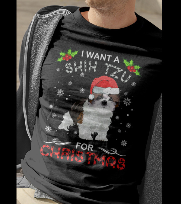 I Want A Shih Tzu For Christmas Snowflakes Holly Santa Hat T-Shirt